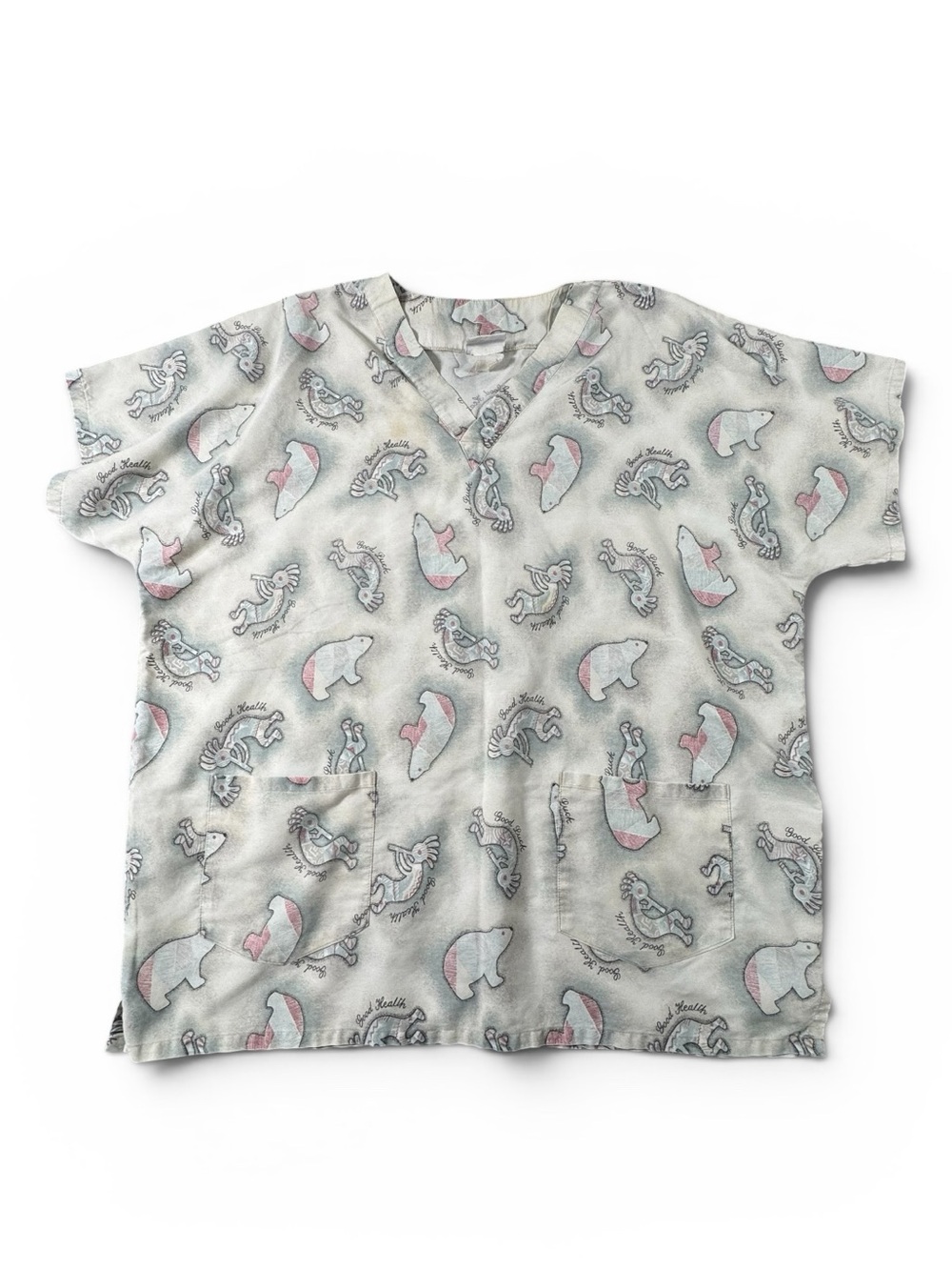 Vintage Off-White V-Neck Scrub Top with Pink & Gray Animal and Native Amer Motif